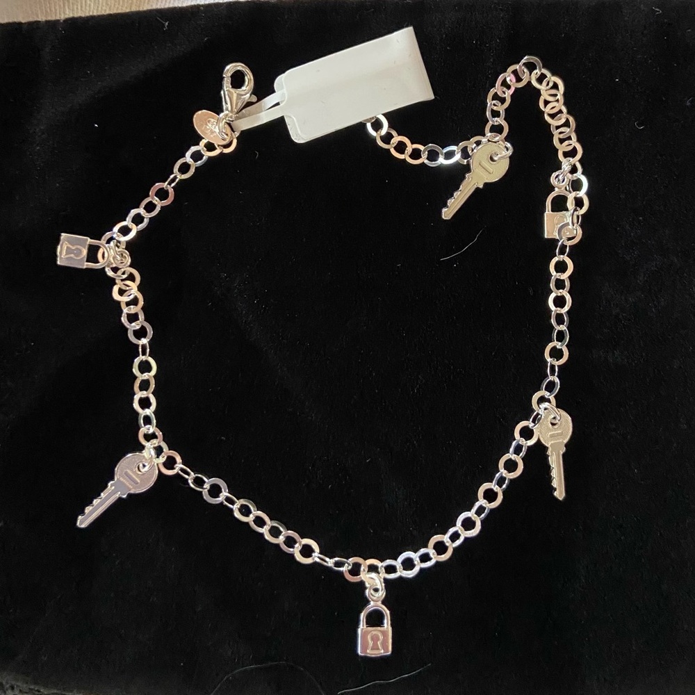 NWT Italian.925 Sterling Silver 3.5mm Rolo Chain Anklet w/Key & Lock Charms! - Picture 4 of 7